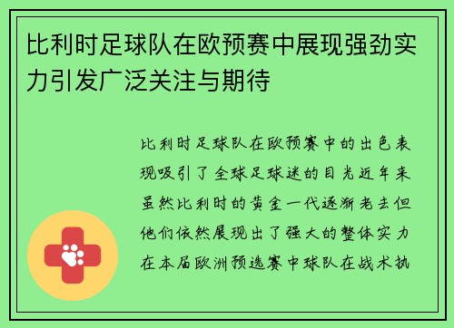 比利时足球队在欧预赛中展现强劲实力引发广泛关注与期待