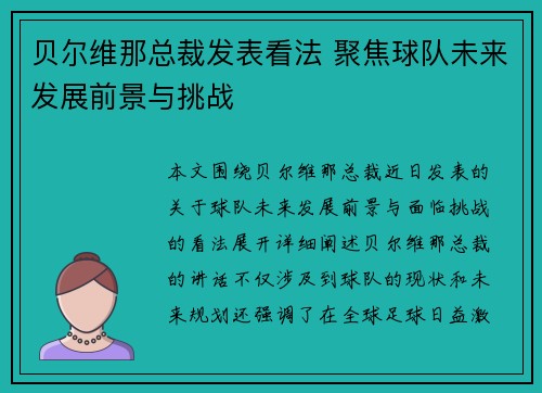 贝尔维那总裁发表看法 聚焦球队未来发展前景与挑战