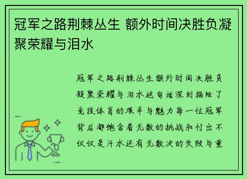 冠军之路荆棘丛生 额外时间决胜负凝聚荣耀与泪水