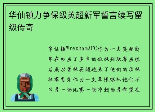 华仙镇力争保级英超新军誓言续写留级传奇