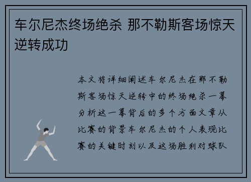 车尔尼杰终场绝杀 那不勒斯客场惊天逆转成功