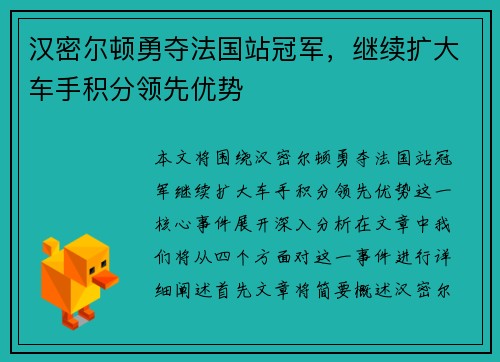 汉密尔顿勇夺法国站冠军，继续扩大车手积分领先优势