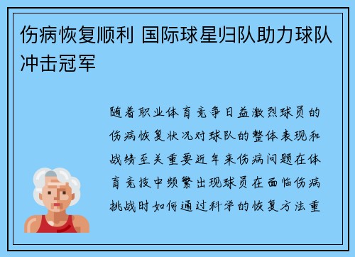 伤病恢复顺利 国际球星归队助力球队冲击冠军